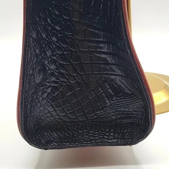 BRAHMIN Black Croc Embossed Crox Leather Shopper's Tote Cognac Leather Strap - Picture 6 of 15